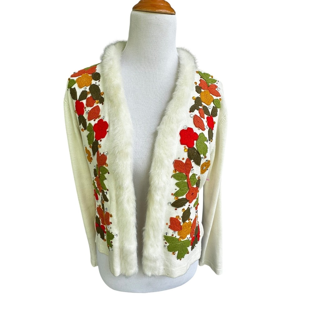 Fall Leaf Embellished Cardigan Jacket Faux Fur‎ Trim Appliqué Beaded Ivory M-L - Picture 12 of 16